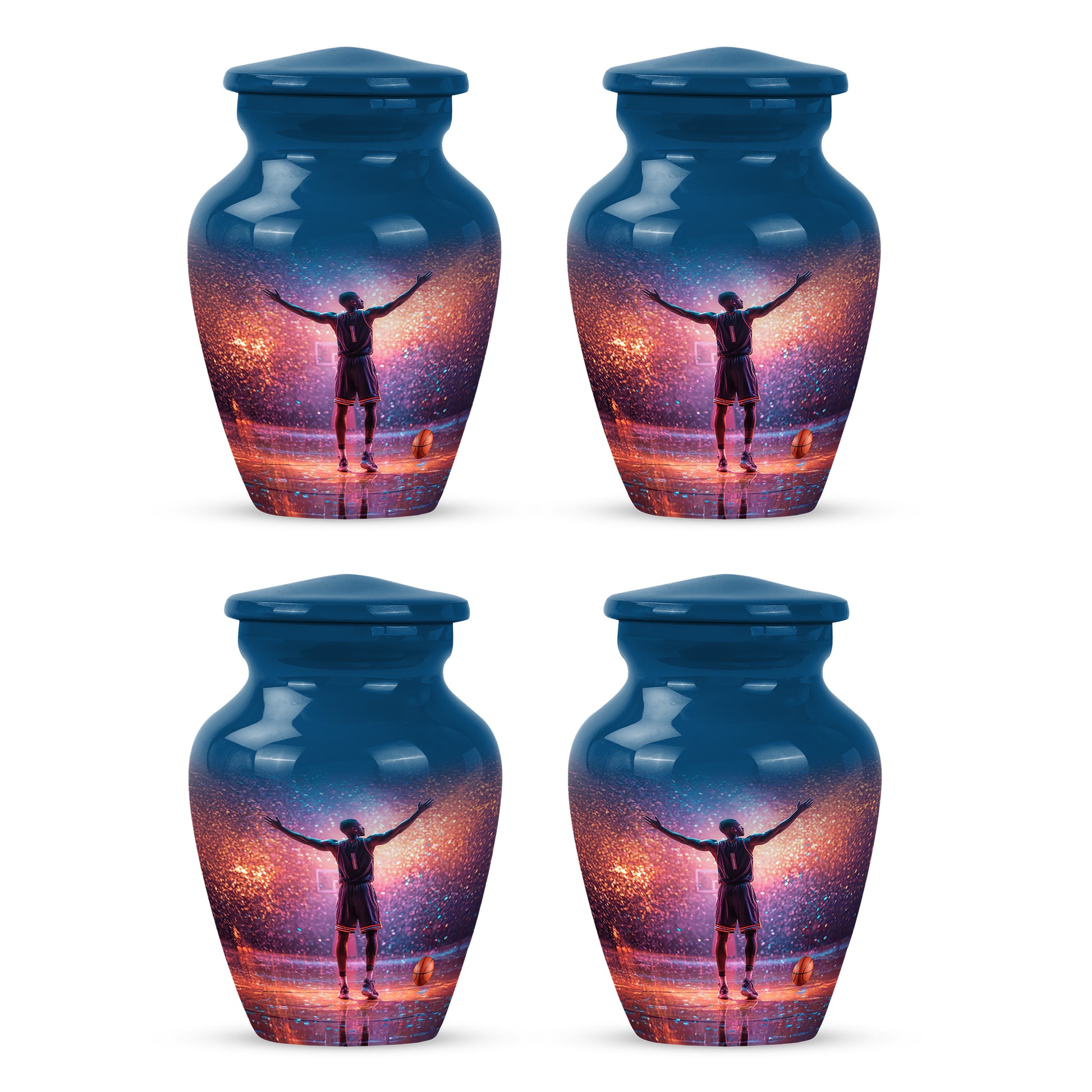 Vivid Blue Basketball Cremation Urn side profile showing urn shape - traditional basketball engraving with hand-polished finish - 10 inch aluminum urn for cremated remains