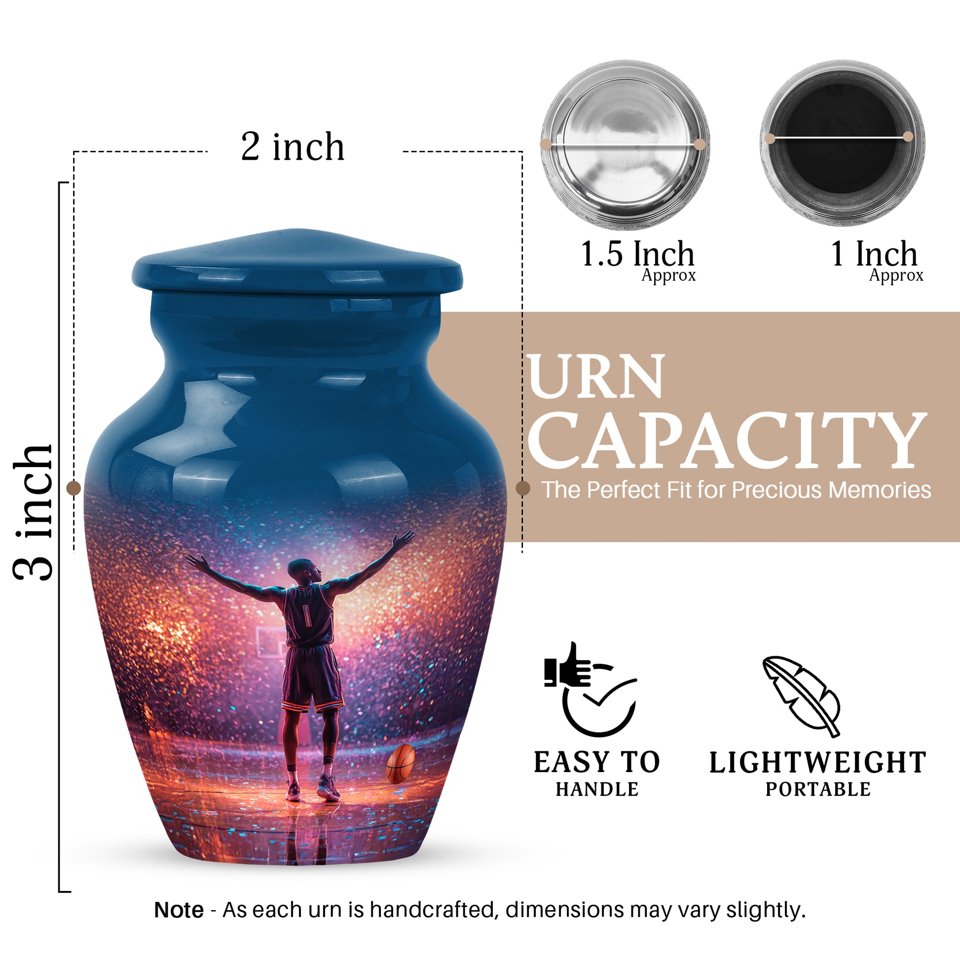 Calming Blue Basketball Cremation Urn close-up of engraving and surface detail - traditional basketball engraving with hand-polished finish - mini keepsake memorial for portion of cremation ashes