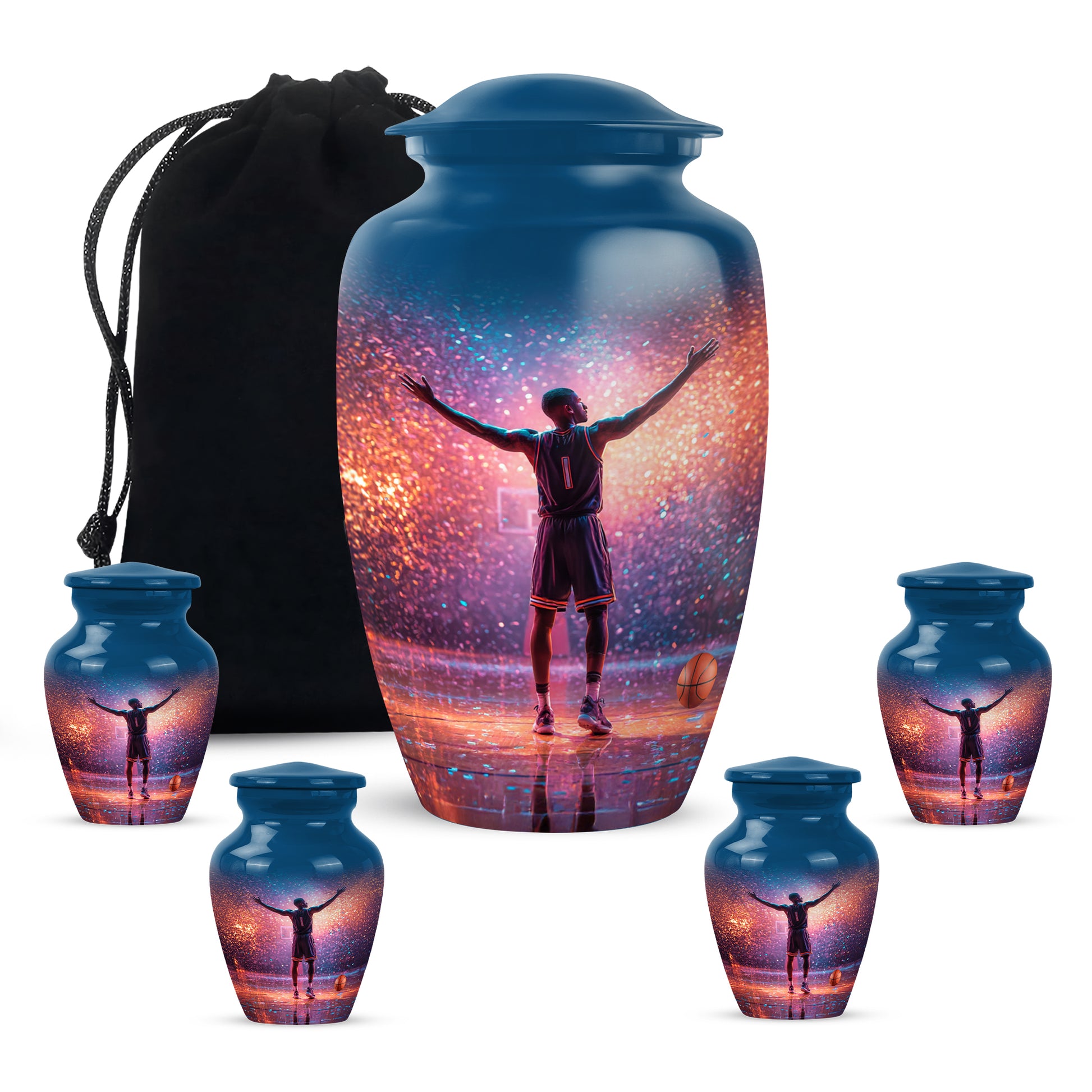 Azure Basketball Cremation Urn top-down view of secure threaded lid - timeless basketball motif etched into premium metal - memorial set with one large and four small urns