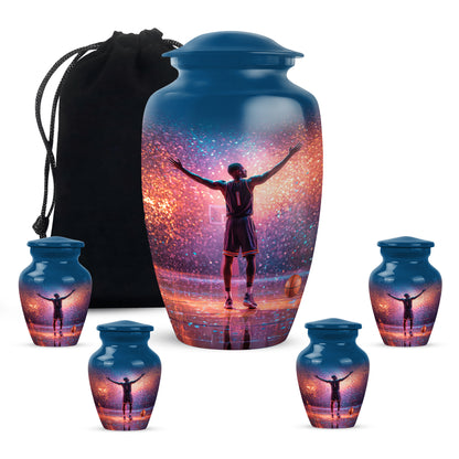 Azure Basketball Cremation Urn top-down view of secure threaded lid - timeless basketball motif etched into premium metal - memorial set with one large and four small urns