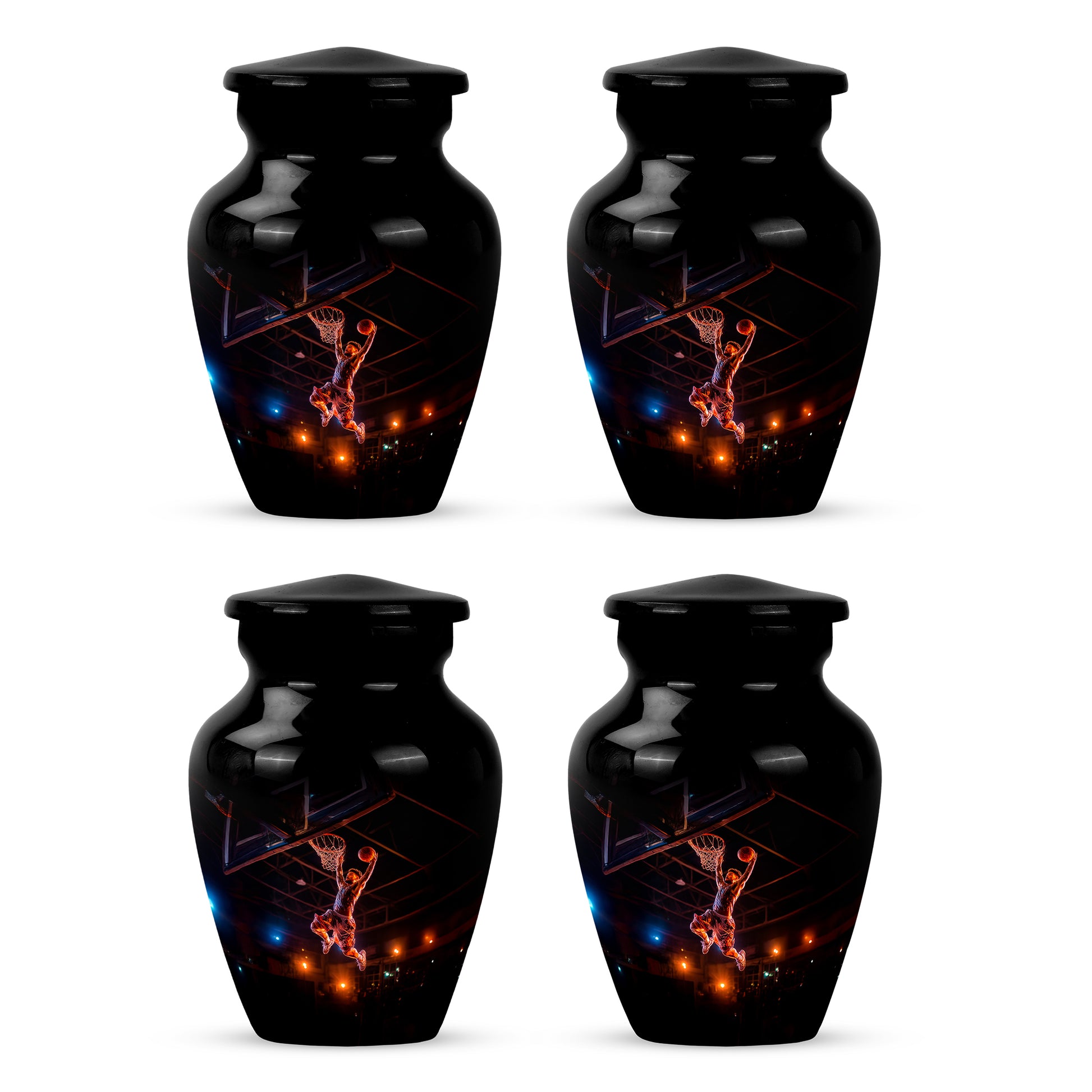 Ebony Basketball Cremation Urn side profile showing urn shape - classic sculpted basketball pattern on smooth aluminum - 10 inch aluminum urn for cremated remains