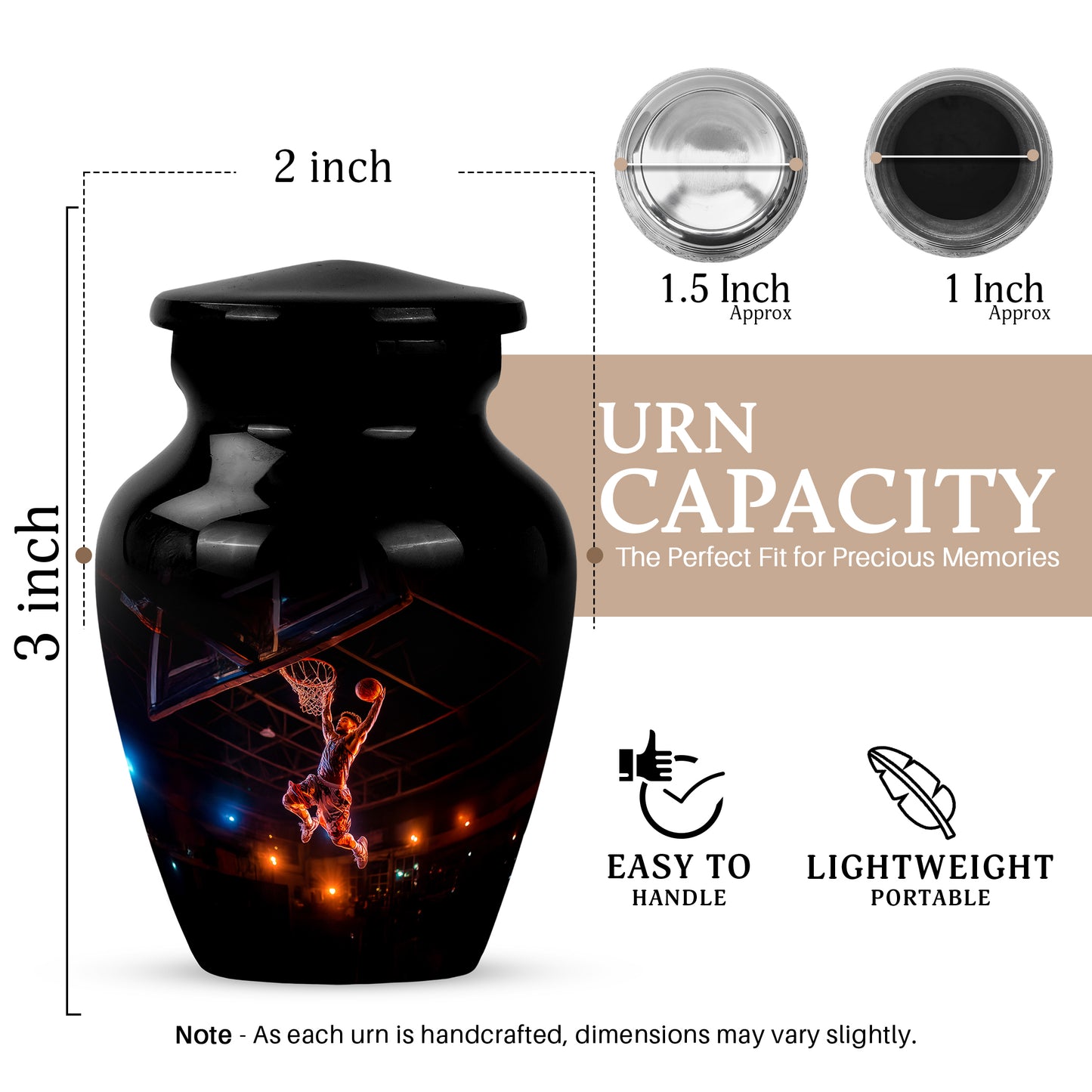 Rich Black Basketball Cremation Urn close-up of engraving and surface detail - timeless basketball motif etched into premium metal - mini keepsake memorial for portion of cremation ashes