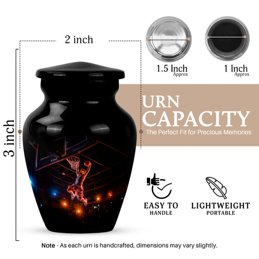 Rich Black Basketball Cremation Urn close-up of engraving and surface detail - timeless basketball motif etched into premium metal - mini keepsake memorial for portion of cremation ashes