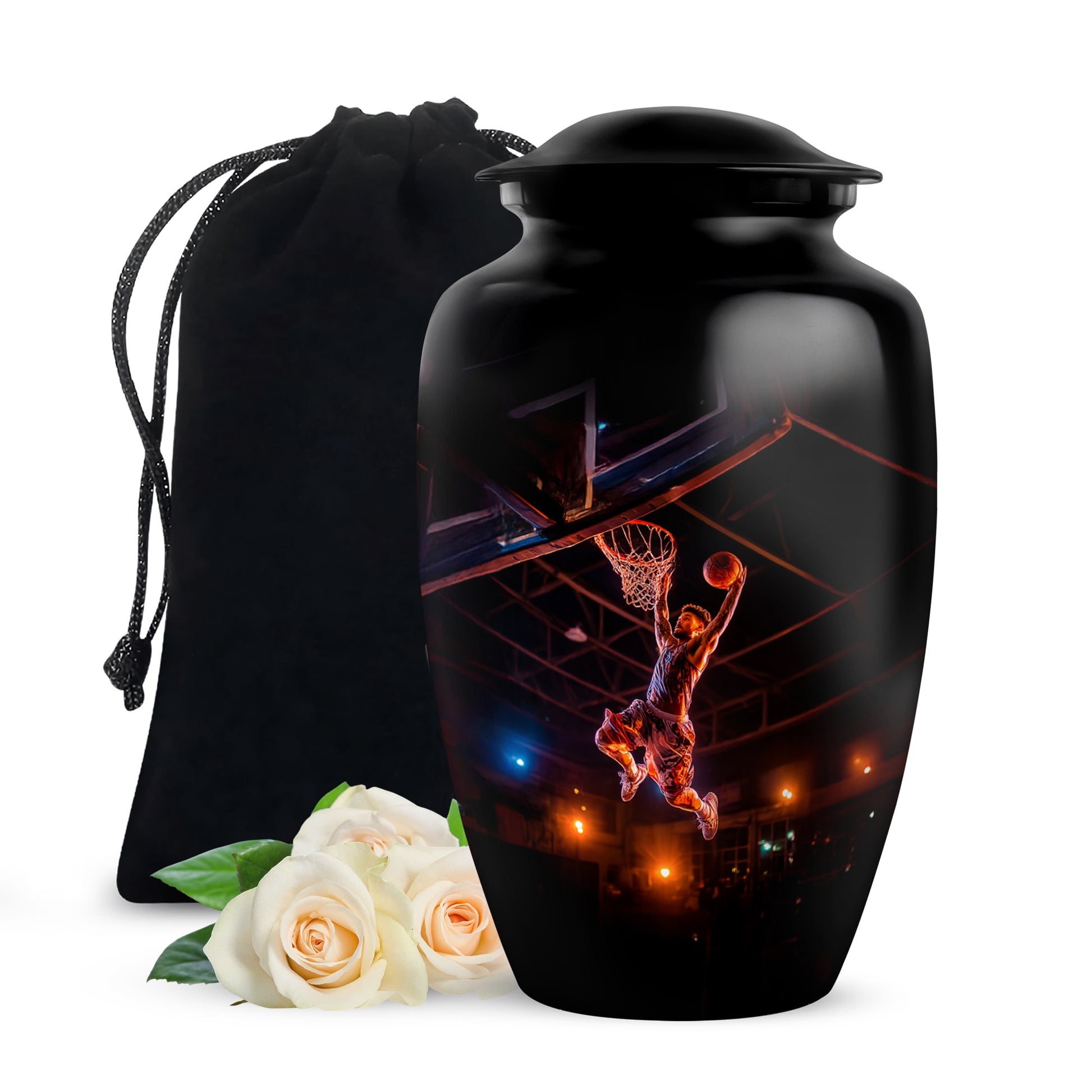 Rich Black Basketball Cremation Urn angled view of lid and engraved motif - timeless basketball motif etched into premium metal - full-size 10 inch 200 cubic inch adult cremation urn