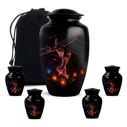 Deep Black Basketball Cremation Urn top-down view of secure threaded lid - timeless basketball motif etched into premium metal - memorial set with one large and four small urns