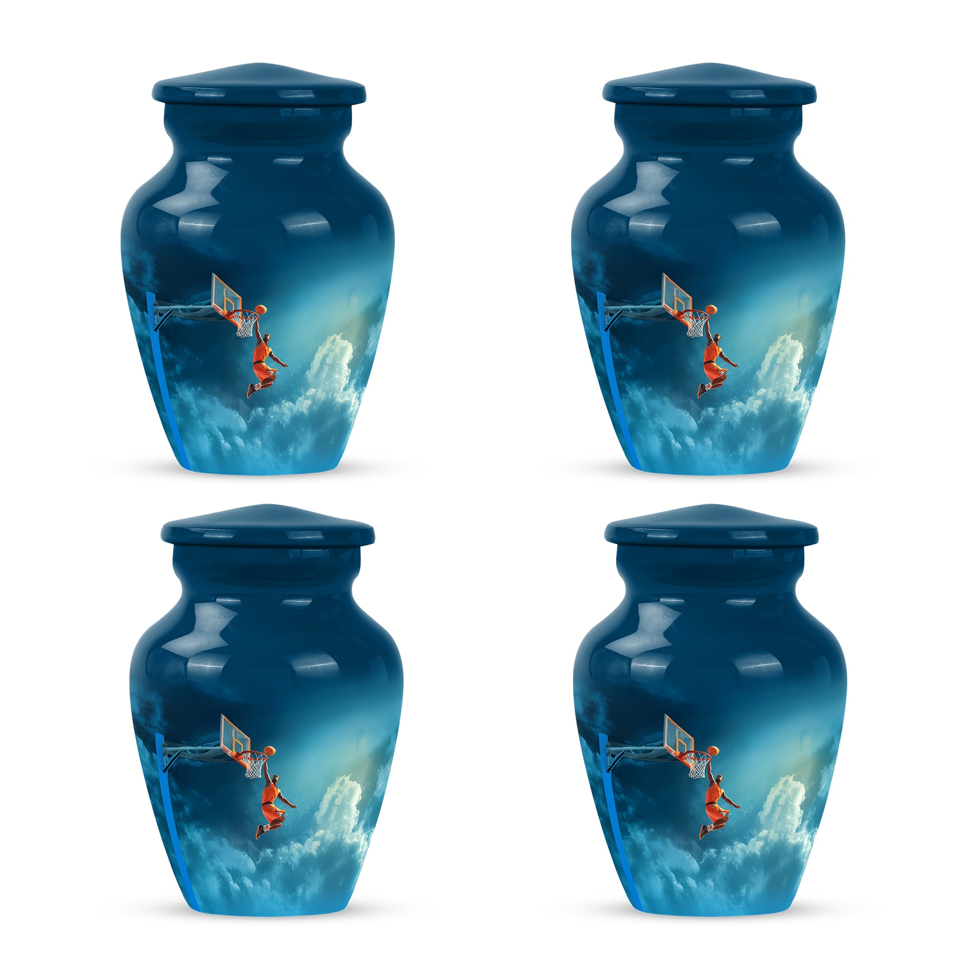 Twilight Blue Basketball Cremation Urn side profile showing urn shape - elegant classic basketball relief with fine detailing - 10 inch aluminum urn for cremated remains