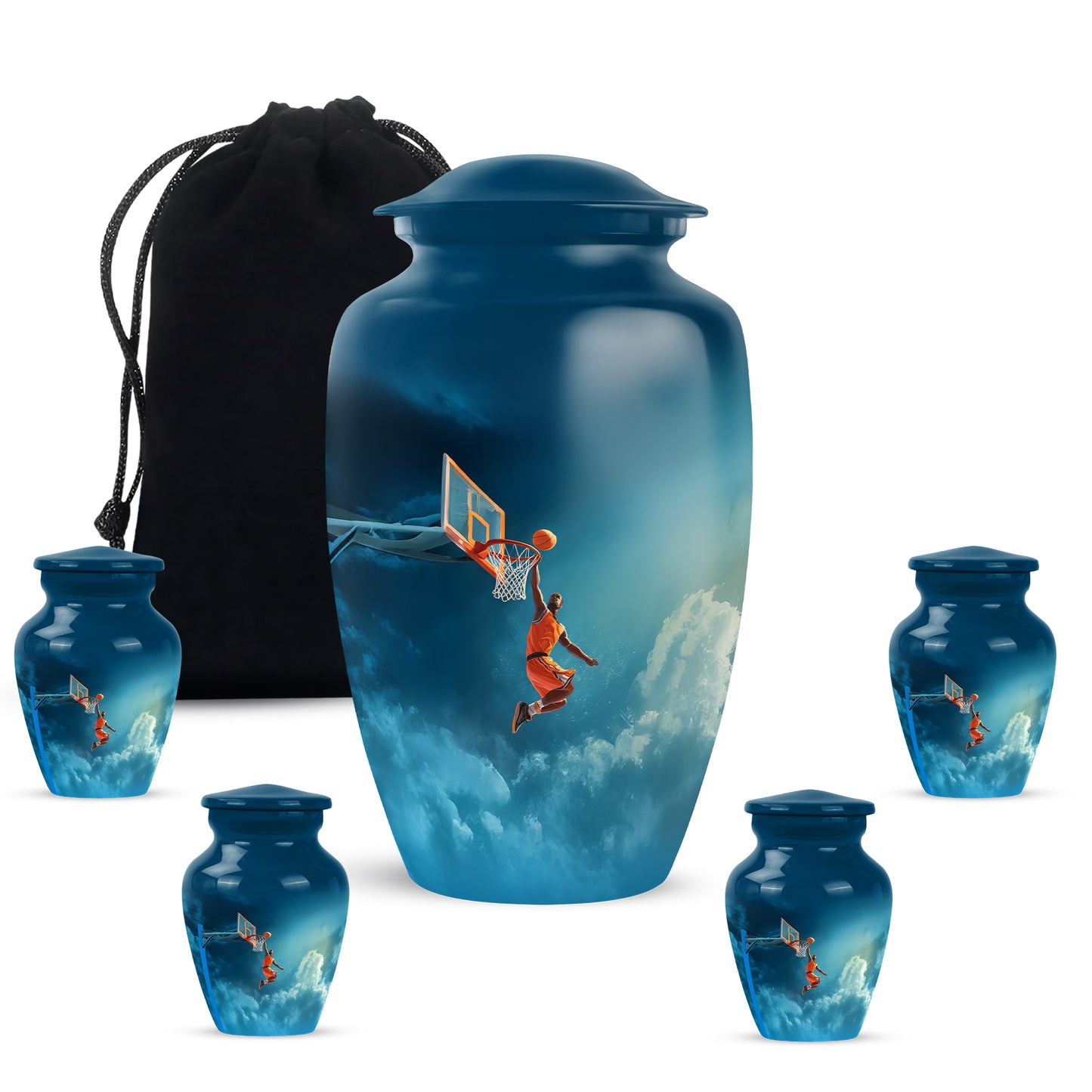 Pastel Blue Basketball Cremation Urn top-down view of secure threaded lid - classic sculpted basketball pattern on smooth aluminum - memorial set with one large and four small urns