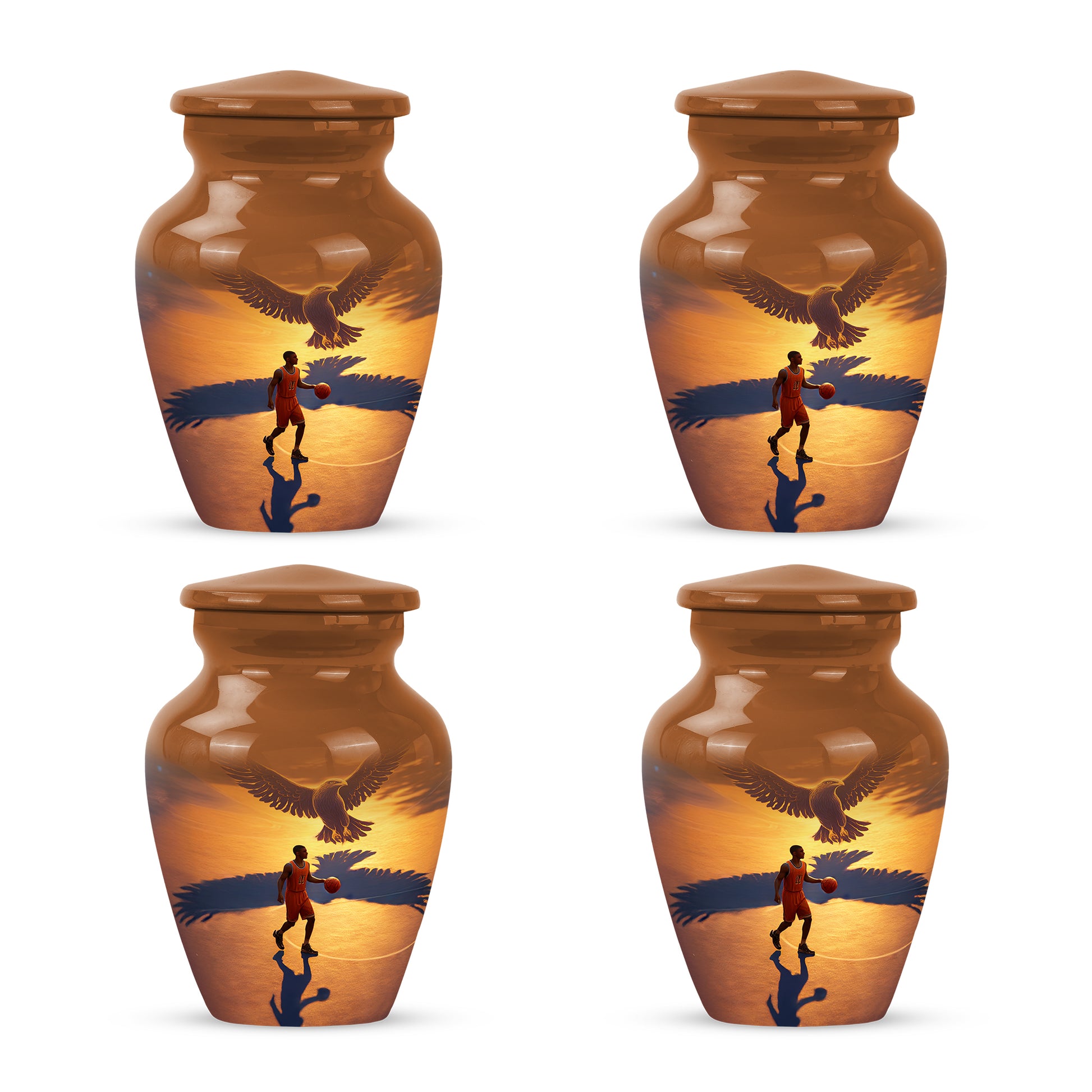 Royal Gold Basketball Cremation Urn side profile showing urn shape - traditional basketball engraving with hand-polished finish - 10 inch aluminum urn for cremated remains
