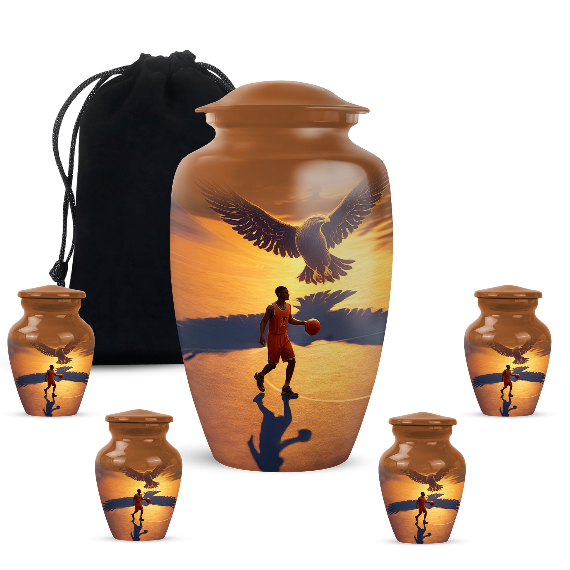Sunrise Gold Basketball Cremation Urn top-down view of secure threaded lid - classic sculpted basketball pattern on smooth aluminum - memorial set with one large and four small urns
