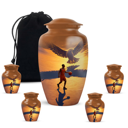 Sunrise Gold Basketball Cremation Urn top-down view of secure threaded lid - classic sculpted basketball pattern on smooth aluminum - memorial set with one large and four small urns