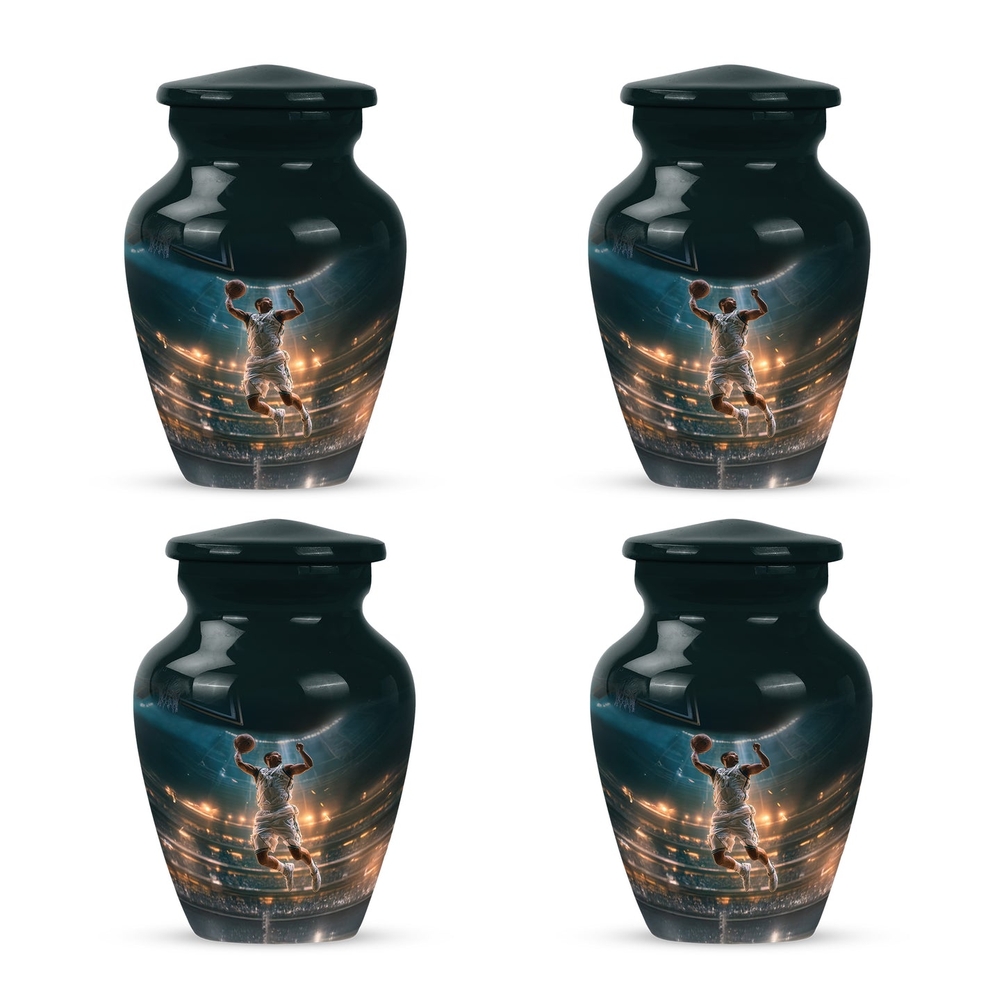 Vivid Teal Basketball Cremation Urn side profile showing urn shape - traditional basketball engraving with hand-polished finish - 10 inch aluminum urn for cremated remains
