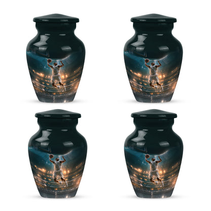 Vivid Teal Basketball Cremation Urn side profile showing urn shape - traditional basketball engraving with hand-polished finish - 10 inch aluminum urn for cremated remains
