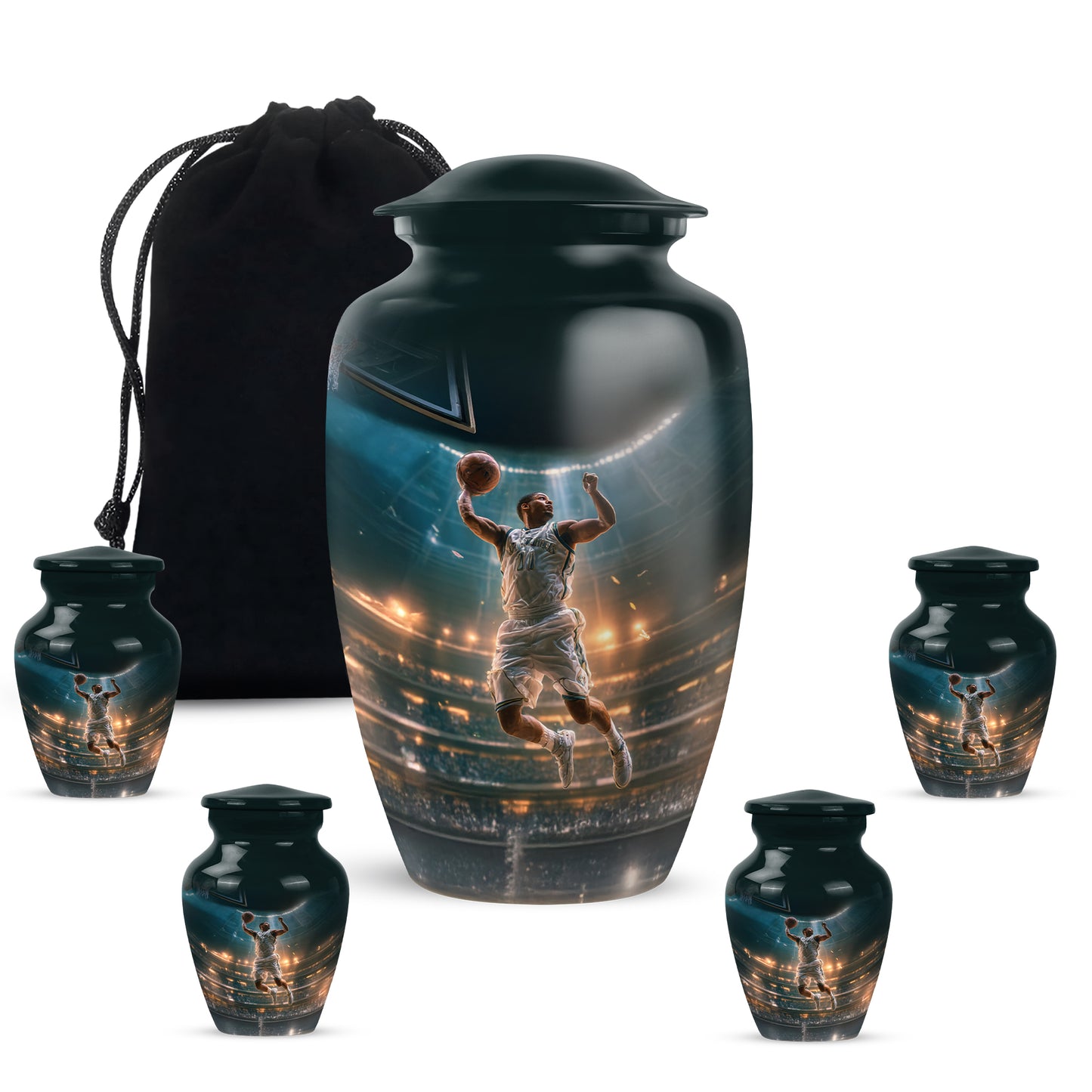 Jewel Teal Basketball Cremation Urn top-down view of secure threaded lid - timeless basketball motif etched into premium metal - memorial set with one large and four small urns