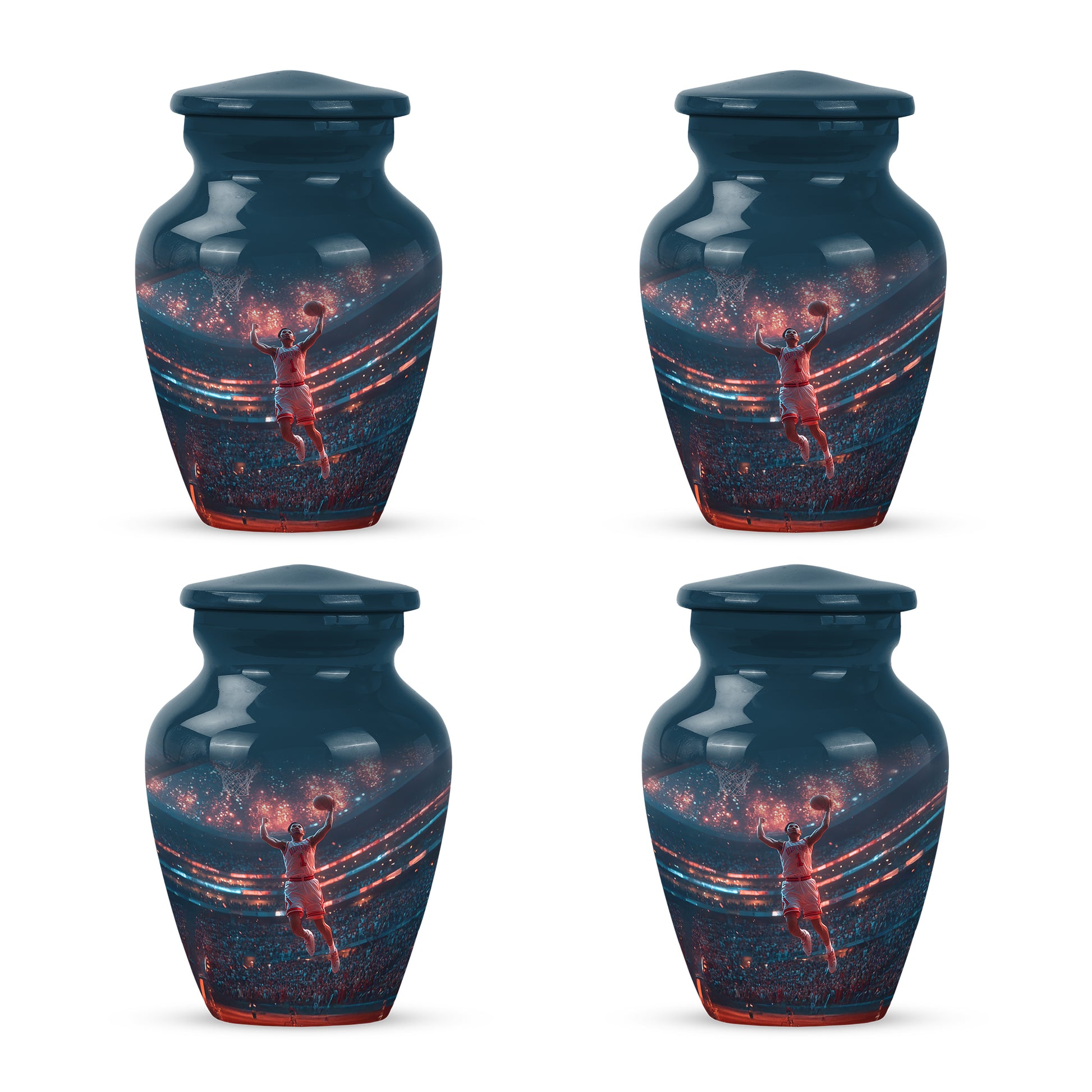 Soft Blue Basketball Cremation Urn side profile showing urn shape - traditional basketball engraving with hand-polished finish - 10 inch aluminum urn for cremated remains