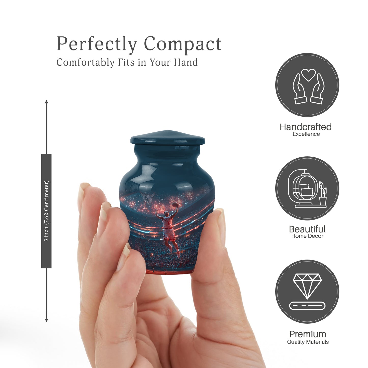 Cornflower Blue Basketball Cremation Urn close-up of engraving and surface detail - elegant classic basketball relief with fine detailing - mini keepsake memorial for portion of cremation ashes