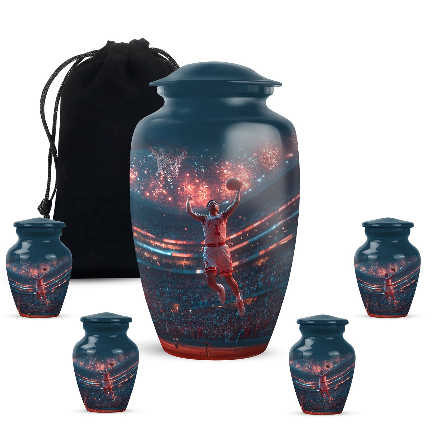 Icy Blue Basketball Cremation Urn top-down view of secure threaded lid - classic sculpted basketball pattern on smooth aluminum - memorial set with one large and four small urns