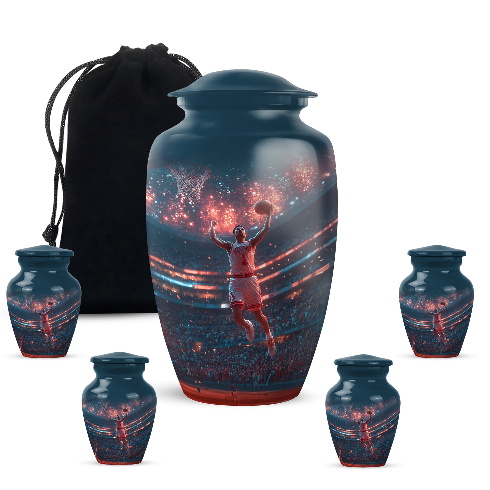 Icy Blue Basketball Cremation Urn top-down view of secure threaded lid - classic sculpted basketball pattern on smooth aluminum - memorial set with one large and four small urns