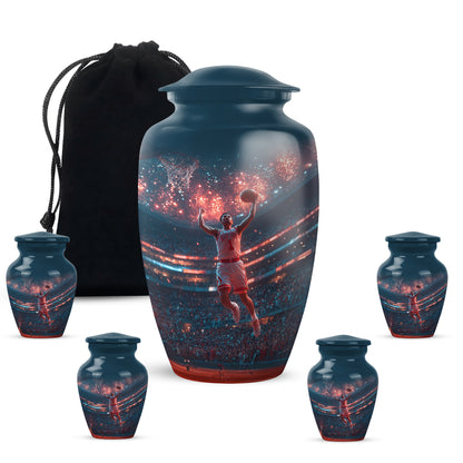 Icy Blue Basketball Cremation Urn top-down view of secure threaded lid - classic sculpted basketball pattern on smooth aluminum - memorial set with one large and four small urns