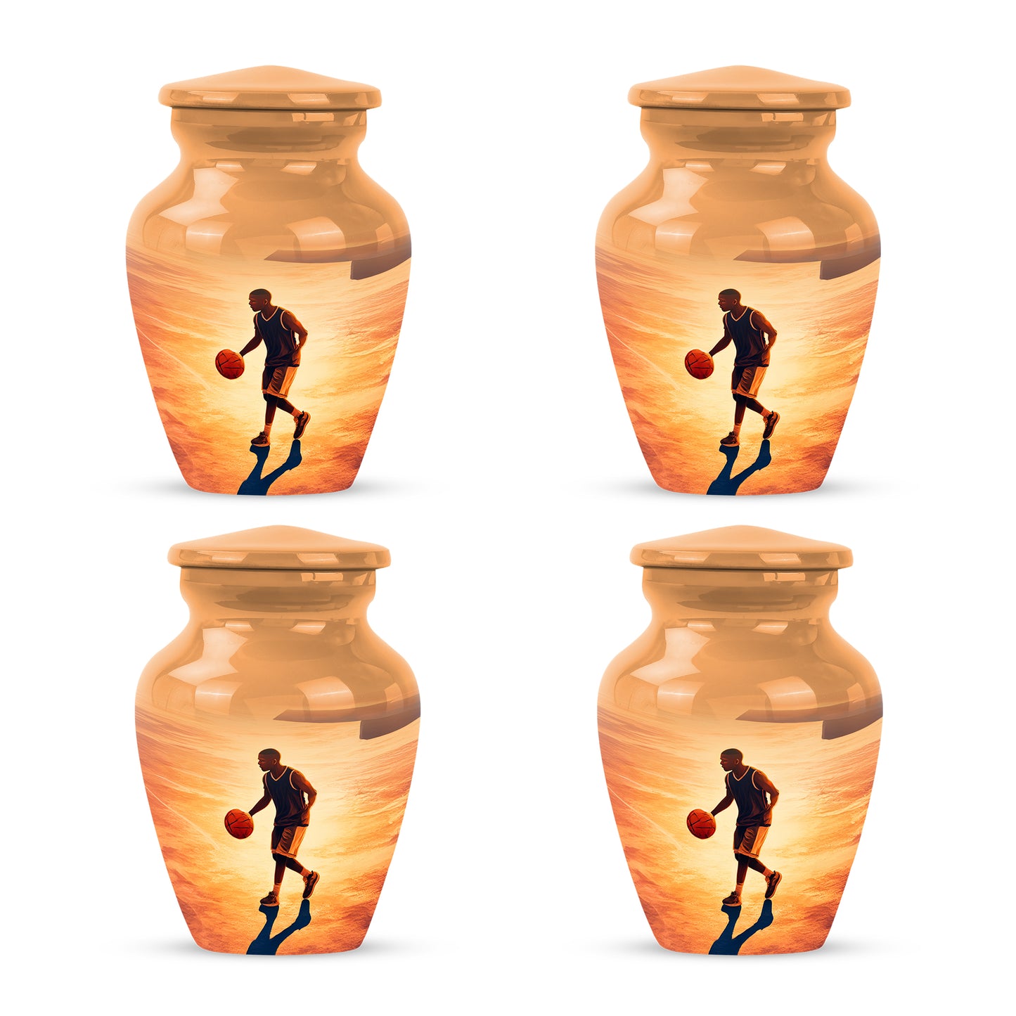 Gilded Gold Basketball Cremation Urn side profile showing urn shape - classic sculpted basketball pattern on smooth aluminum - 10 inch aluminum urn for cremated remains
