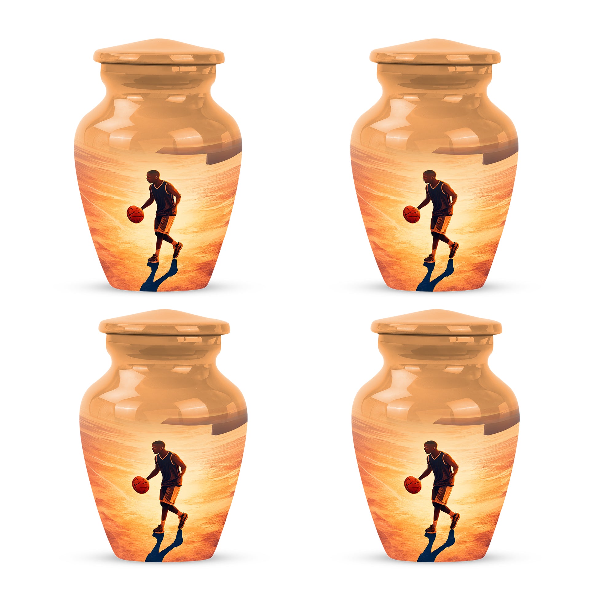 Gilded Gold Basketball Cremation Urn side profile showing urn shape - classic sculpted basketball pattern on smooth aluminum - 10 inch aluminum urn for cremated remains