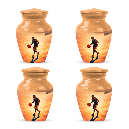 Gilded Gold Basketball Cremation Urn side profile showing urn shape - classic sculpted basketball pattern on smooth aluminum - 10 inch aluminum urn for cremated remains