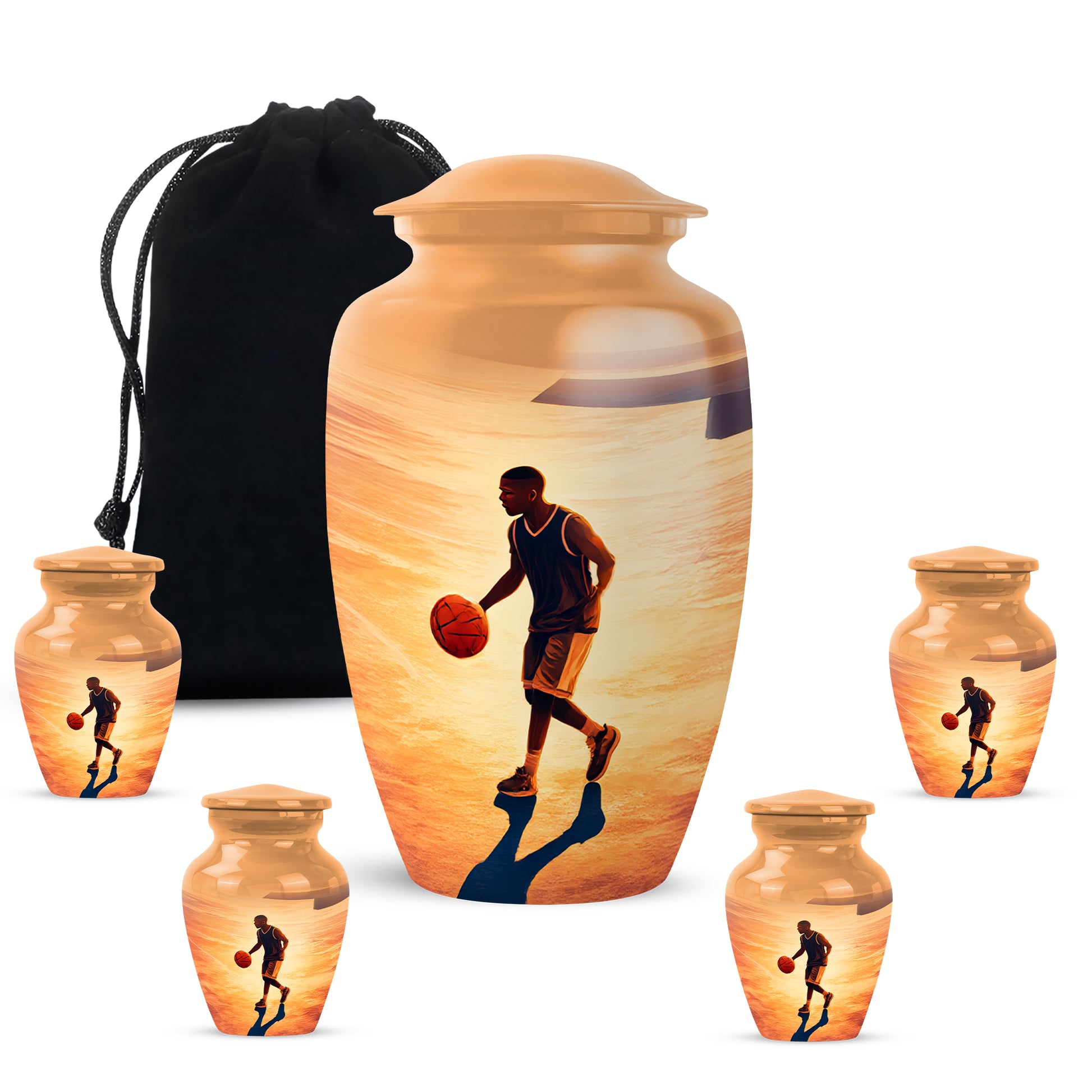 Gilded Gold Basketball Cremation Urn top-down view of secure threaded lid - classic sculpted basketball pattern on smooth aluminum - memorial set with one large and four small urns