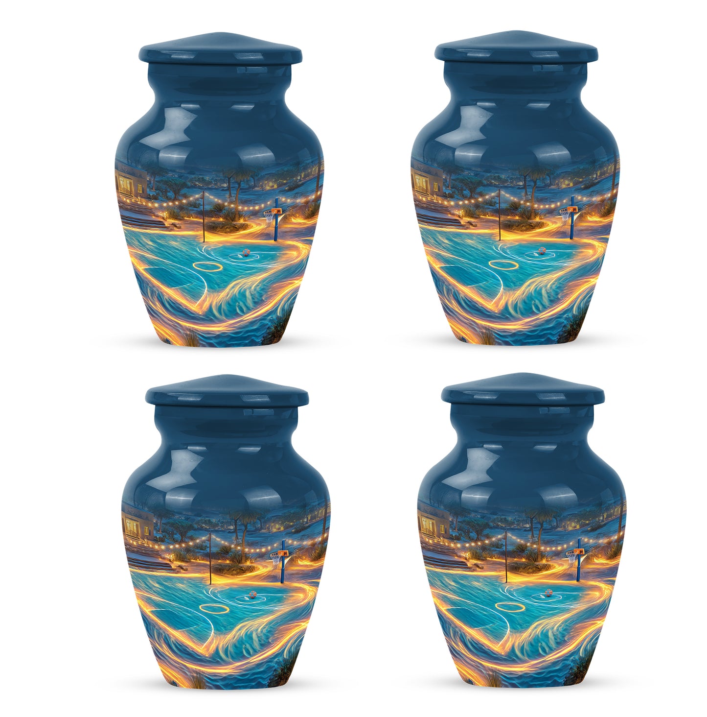 Pastel Blue Basketball Cremation Urn side profile showing urn shape - timeless basketball motif etched into premium metal - 10 inch aluminum urn for cremated remains