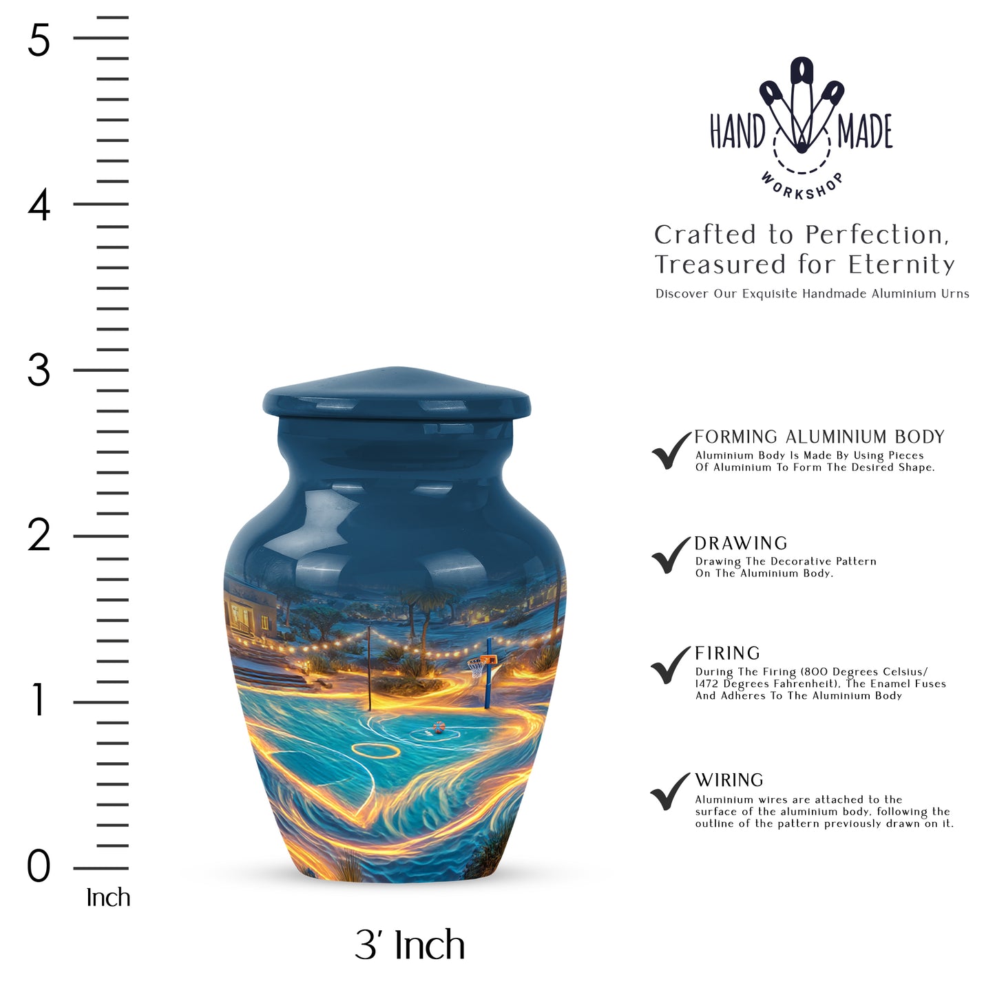 Azure Basketball Cremation Urn close-up of engraving and surface detail - classic sculpted basketball pattern on smooth aluminum - mini keepsake memorial for portion of cremation ashes
