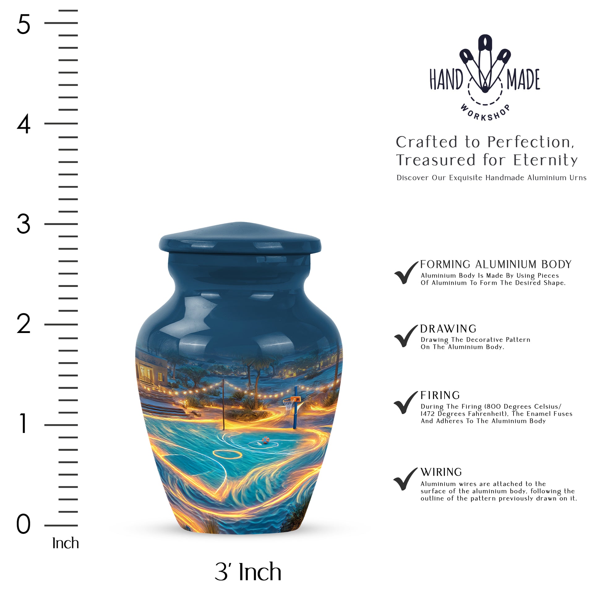 Azure Basketball Cremation Urn close-up of engraving and surface detail - classic sculpted basketball pattern on smooth aluminum - mini keepsake memorial for portion of cremation ashes