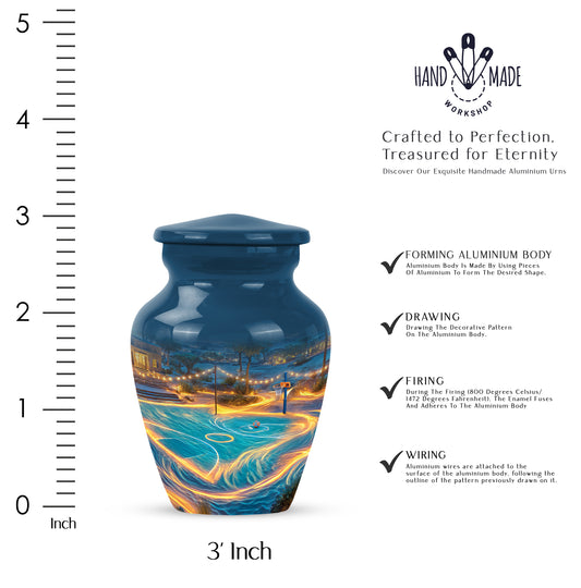 Azure Basketball Cremation Urn close-up of engraving and surface detail - classic sculpted basketball pattern on smooth aluminum - mini keepsake memorial for portion of cremation ashes