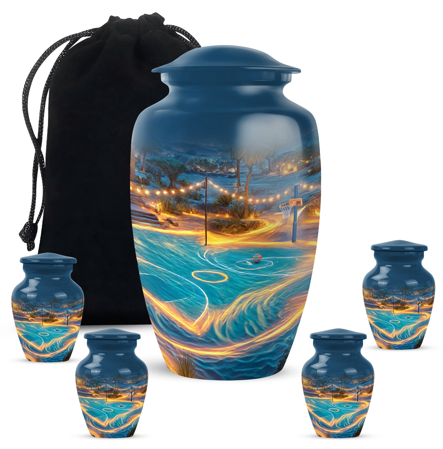 Royal Blue Basketball Cremation Urn top-down view of secure threaded lid - elegant classic basketball relief with fine detailing - memorial set with one large and four small urns