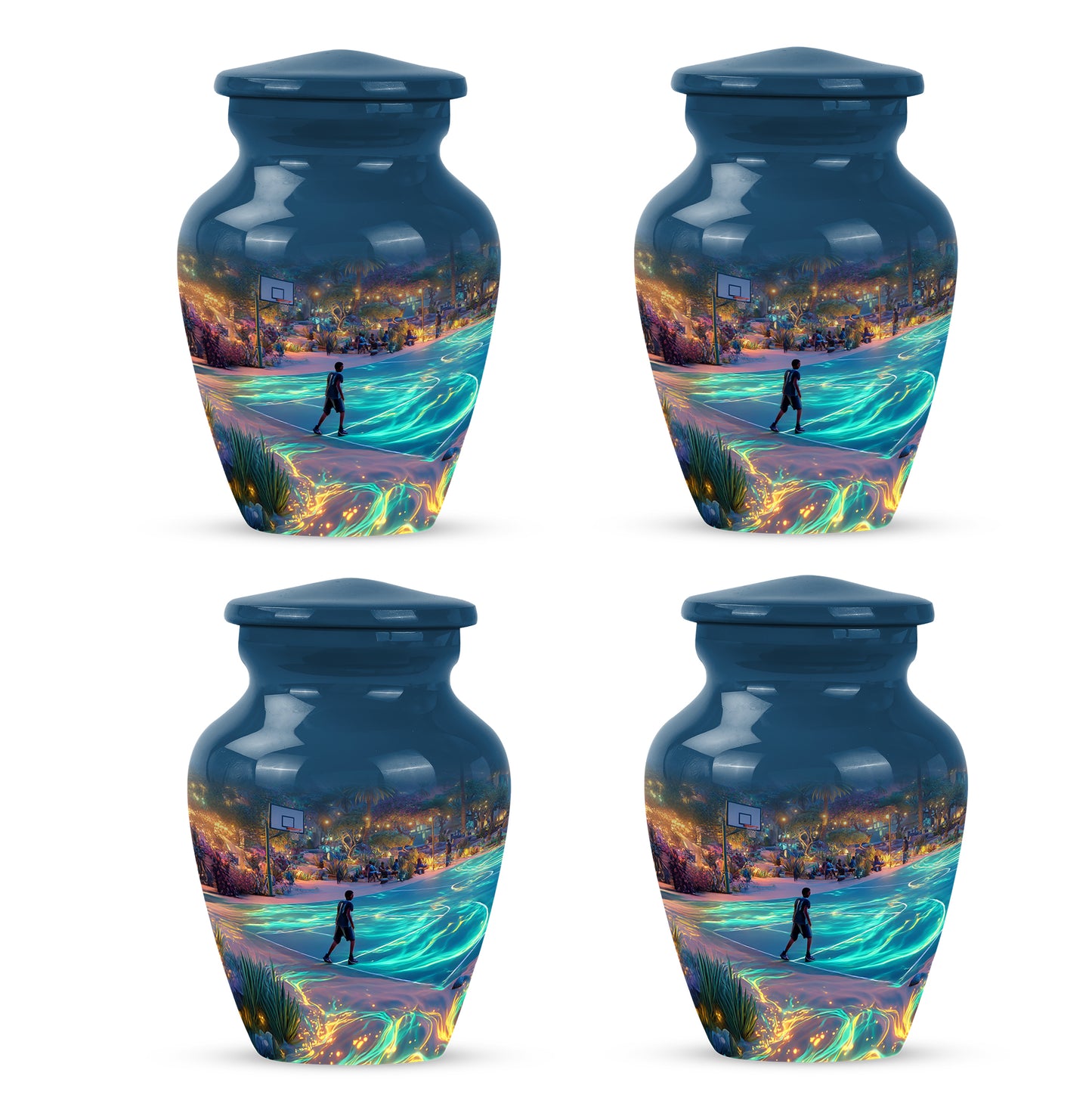 Slate Blue Basketball Cremation Urn side profile showing urn shape - timeless basketball motif etched into premium metal - 10 inch aluminum urn for cremated remains
