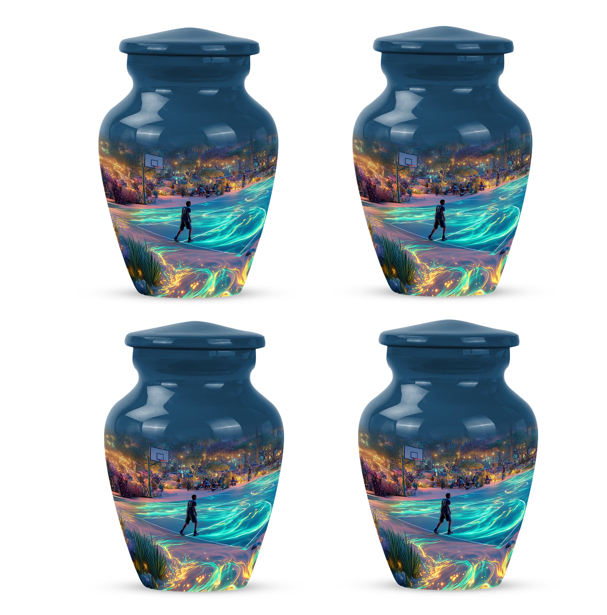 Slate Blue Basketball Cremation Urn side profile showing urn shape - timeless basketball motif etched into premium metal - 10 inch aluminum urn for cremated remains