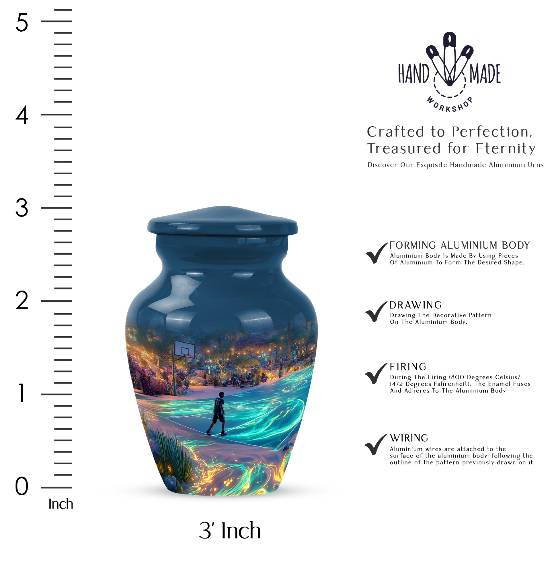 Slate Blue Basketball Cremation Urn close-up of engraving and surface detail - classic sculpted basketball pattern on smooth aluminum - mini keepsake memorial for portion of cremation ashes