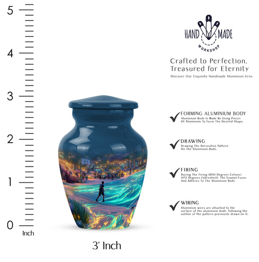 Slate Blue Basketball Cremation Urn close-up of engraving and surface detail - classic sculpted basketball pattern on smooth aluminum - mini keepsake memorial for portion of cremation ashes