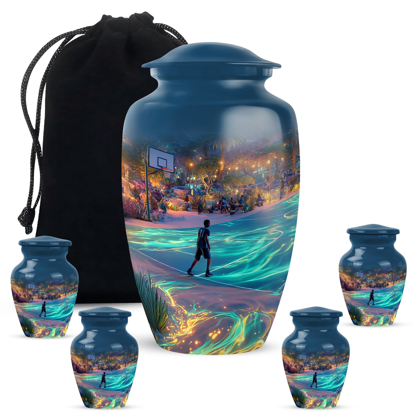 Celestial Blue Basketball Cremation Urn top-down view of secure threaded lid - timeless basketball motif etched into premium metal - memorial set with one large and four small urns