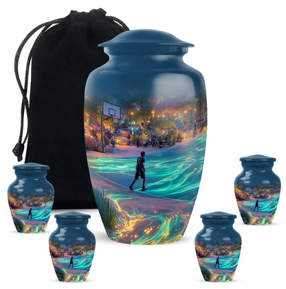 Celestial Blue Basketball Cremation Urn top-down view of secure threaded lid - timeless basketball motif etched into premium metal - memorial set with one large and four small urns