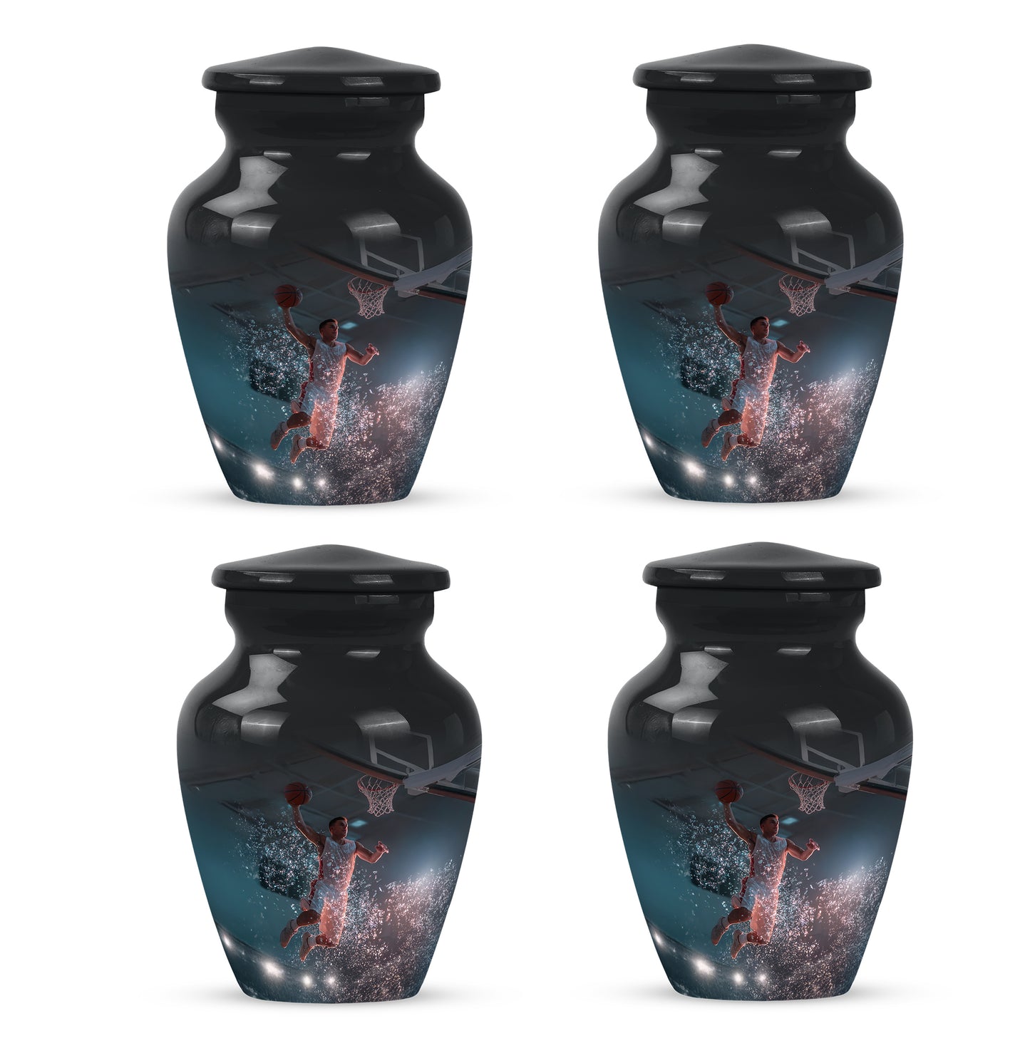 Rich Black Basketball Cremation Urn side profile showing urn shape - classic sculpted basketball pattern on smooth aluminum - 10 inch aluminum urn for cremated remains