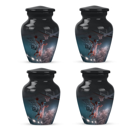 Rich Black Basketball Cremation Urn side profile showing urn shape - classic sculpted basketball pattern on smooth aluminum - 10 inch aluminum urn for cremated remains