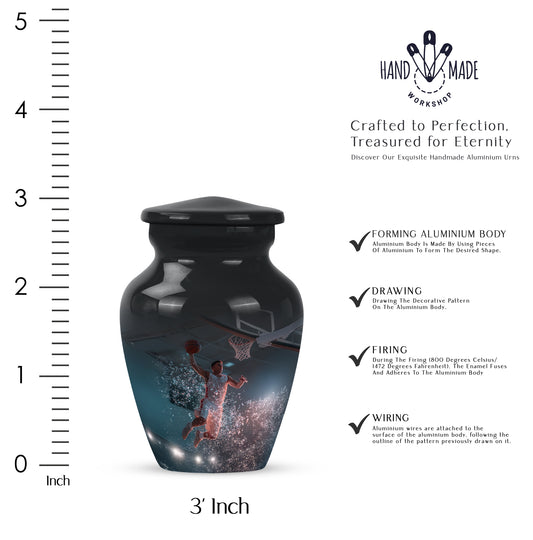 Glossy Black Basketball Cremation Urn close-up of engraving and surface detail - timeless basketball motif etched into premium metal - mini keepsake memorial for portion of cremation ashes