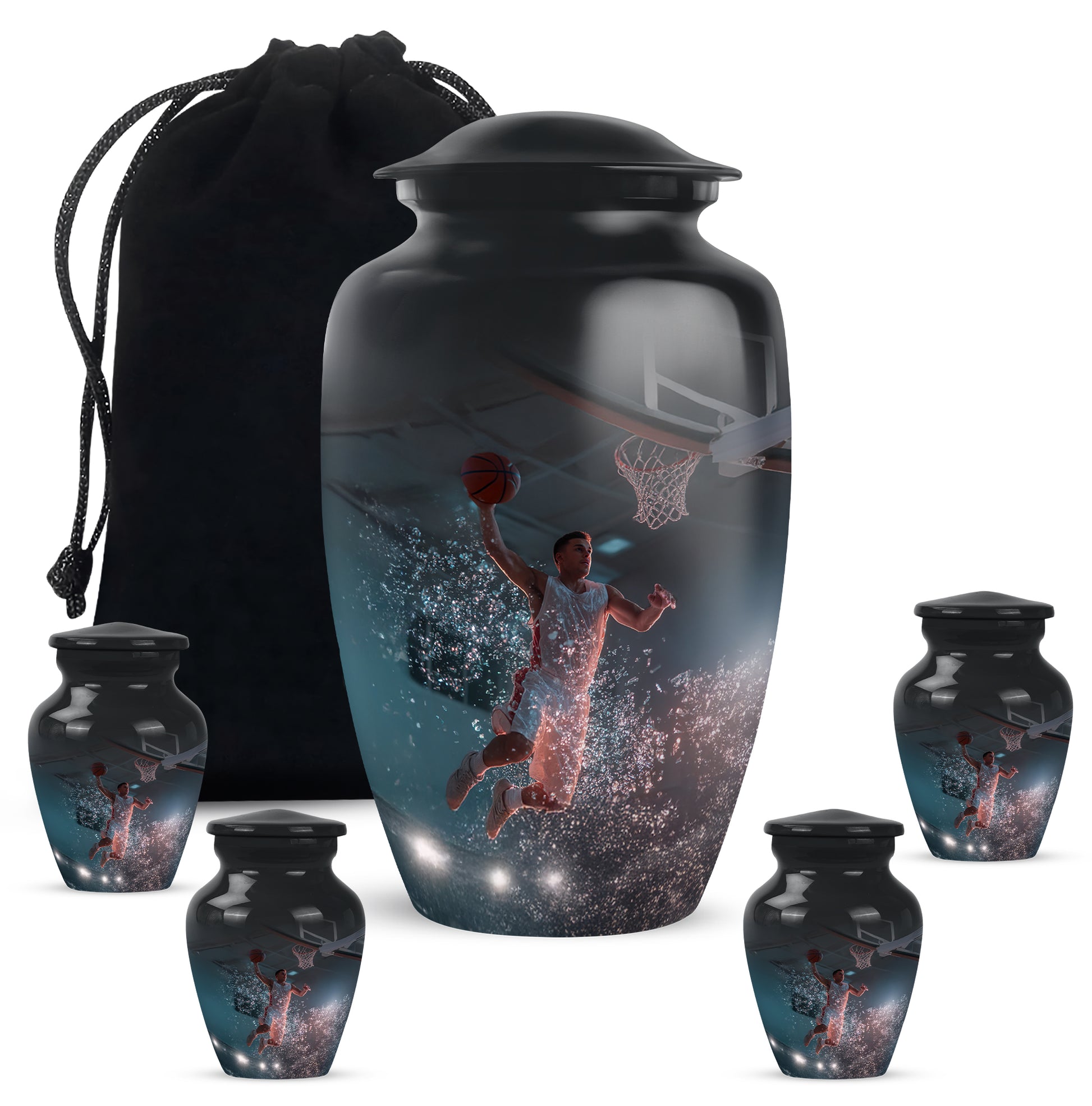 Midnight Black Basketball Cremation Urn top-down view of secure threaded lid - elegant classic basketball relief with fine detailing - memorial set with one large and four small urns