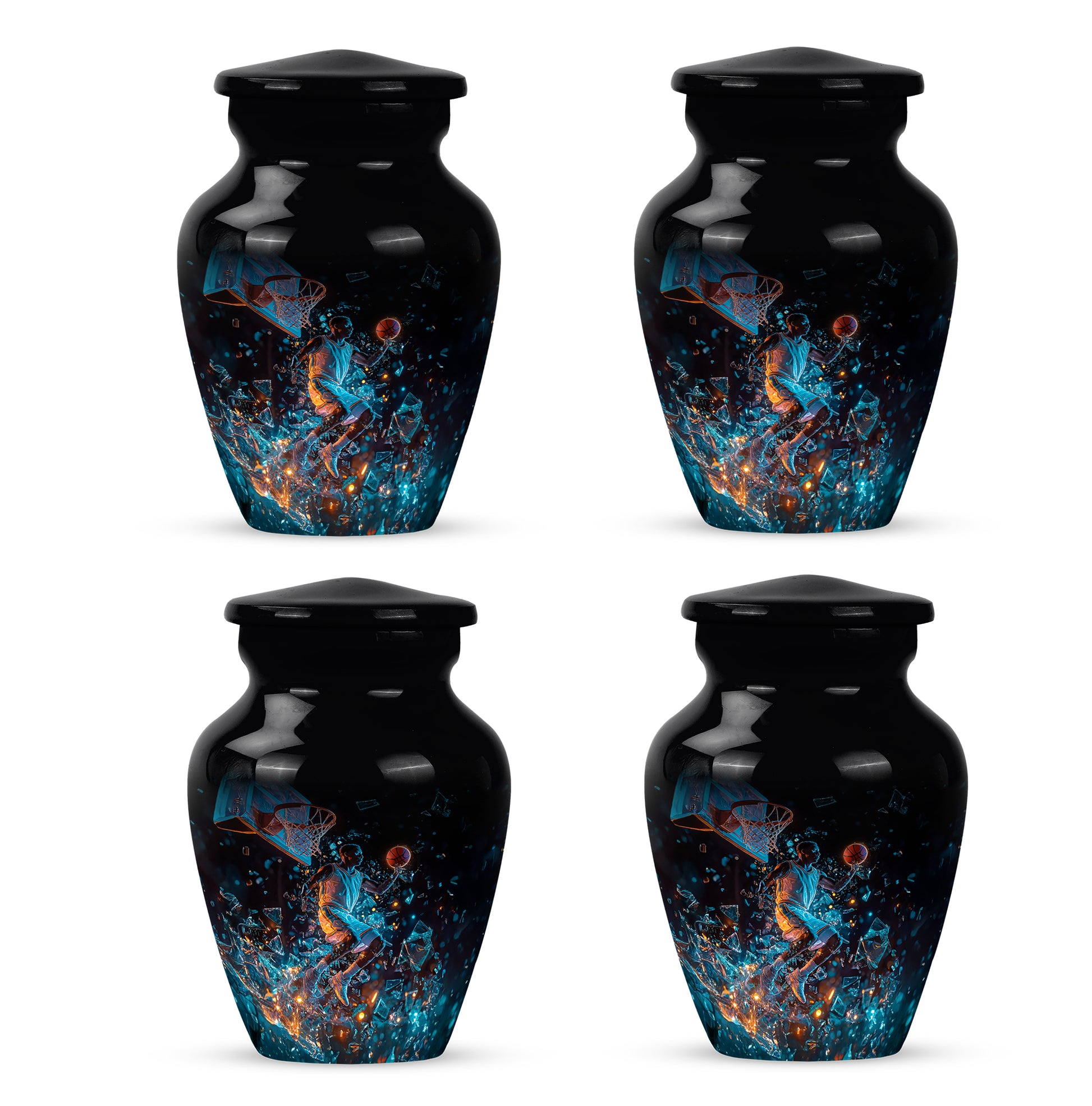 Deep Black Basketball Cremation Urn side profile showing urn shape - timeless basketball motif etched into premium metal - 10 inch aluminum urn for cremated remains