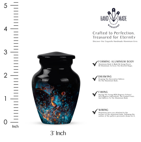 Rich Black Basketball Cremation Urn close-up of engraving and surface detail - classic sculpted basketball pattern on smooth aluminum - mini keepsake memorial for portion of cremation ashes