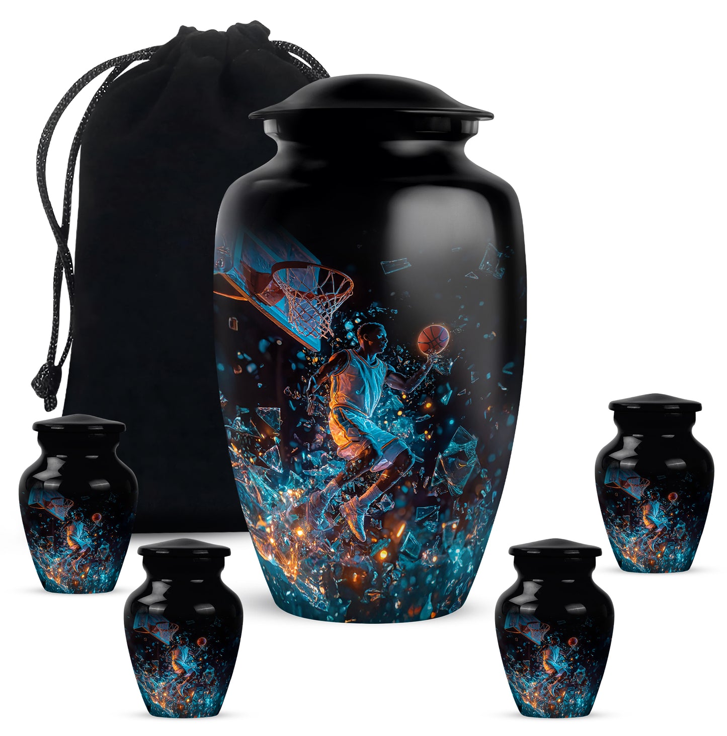 Rich Black Basketball Cremation Urn top-down view of secure threaded lid - timeless basketball motif etched into premium metal - memorial set with one large and four small urns
