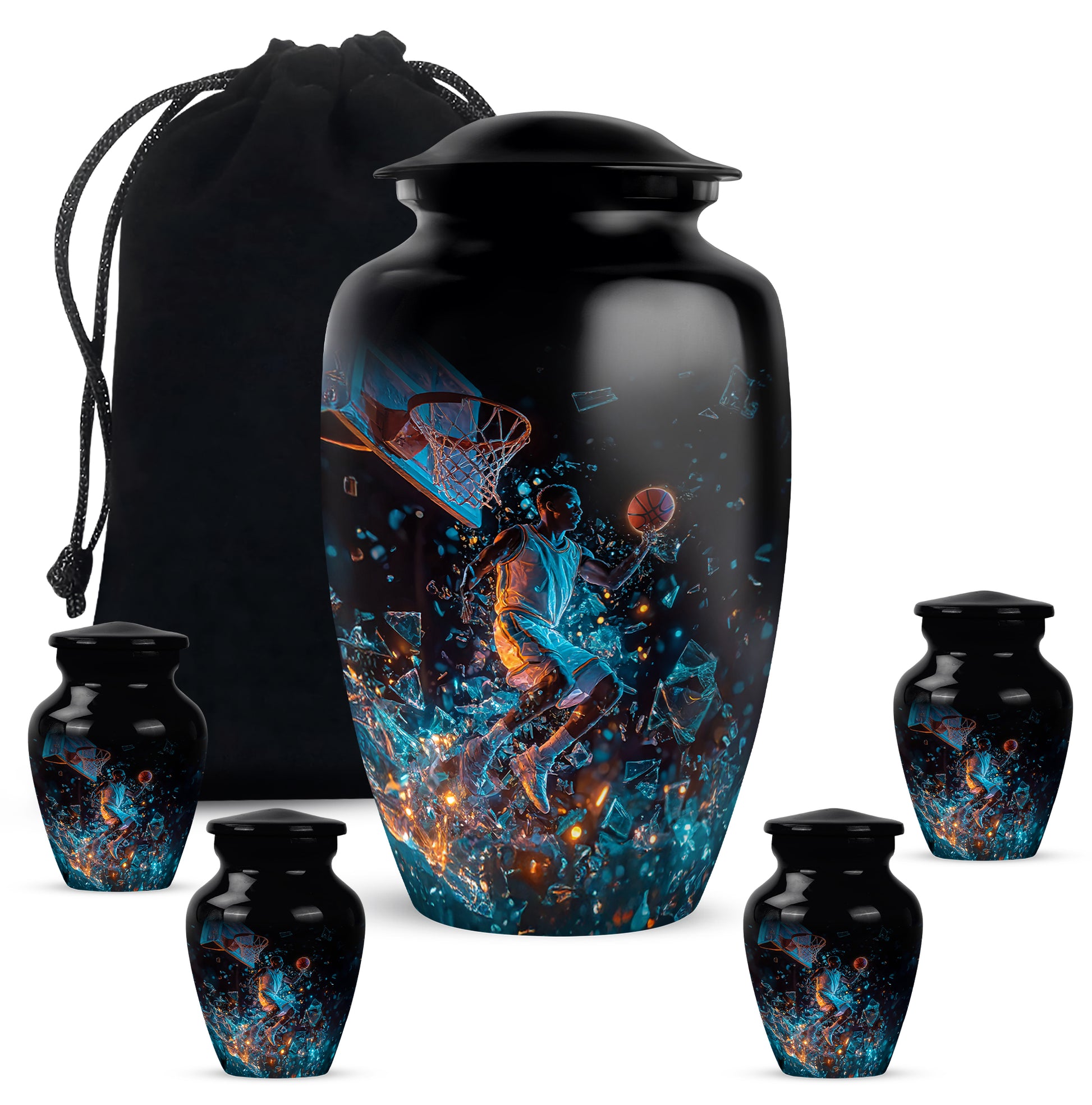Rich Black Basketball Cremation Urn top-down view of secure threaded lid - timeless basketball motif etched into premium metal - memorial set with one large and four small urns