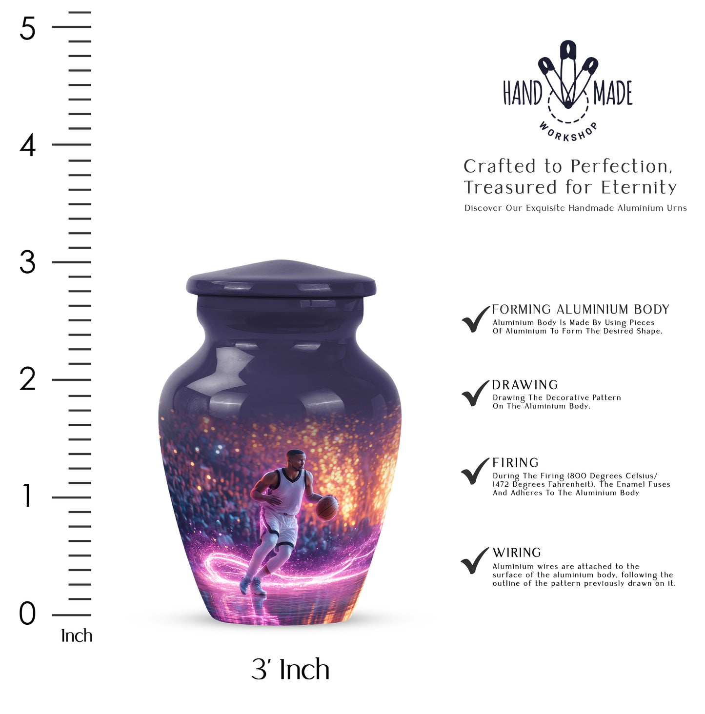 Twilight Blue Basketball Cremation Urn close-up of engraving and surface detail - traditional basketball engraving with hand-polished finish - mini keepsake memorial for portion of cremation ashes