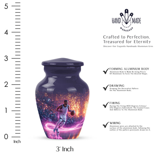 Twilight Blue Basketball Cremation Urn close-up of engraving and surface detail - traditional basketball engraving with hand-polished finish - mini keepsake memorial for portion of cremation ashes
