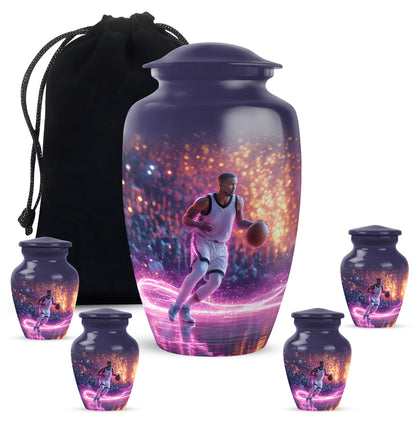 Indigo Basketball Cremation Urn top-down view of secure threaded lid - classic sculpted basketball pattern on smooth aluminum - memorial set with one large and four small urns