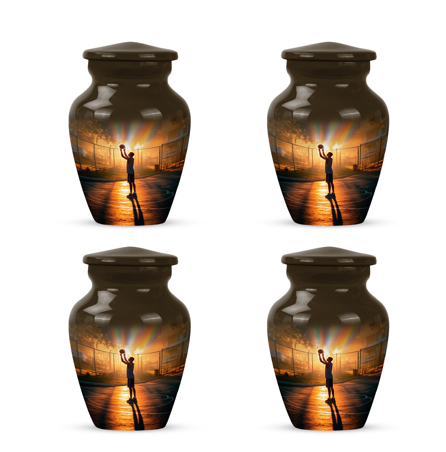 Harvest Gold Basketball Cremation Urn side profile showing urn shape - traditional basketball engraving with hand-polished finish - 10 inch aluminum urn for cremated remains