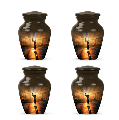 Harvest Gold Basketball Cremation Urn side profile showing urn shape - traditional basketball engraving with hand-polished finish - 10 inch aluminum urn for cremated remains